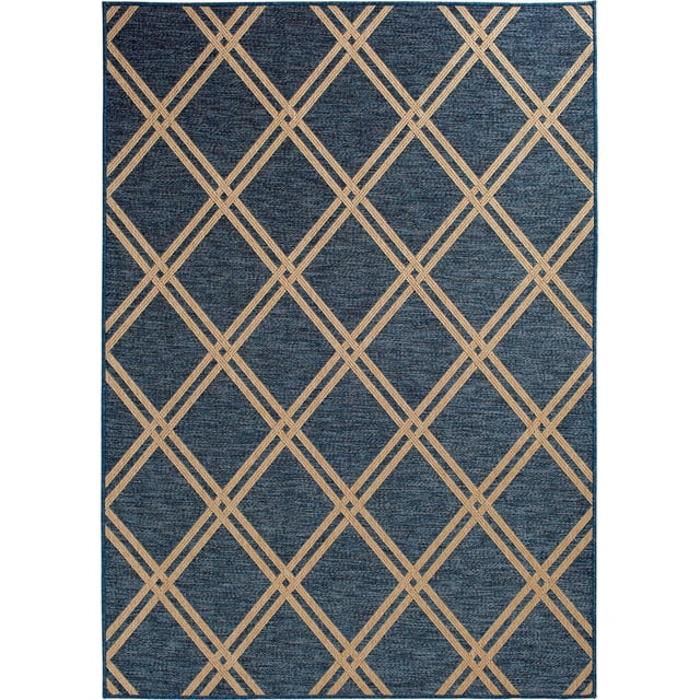 Smithleighs Cobalt Blue and Tan Woven Area Rug featuring a woven trellis pattern of natural tan lines on a cobalt blue polypropylene background, stain and fade resistant, suitable for indoor and outdoor spaces like decks and mudrooms.