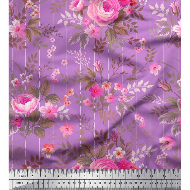 Soimoi Tissu en Velours Rayé, Feuilles & Roses Imprimé Floral au Mètre 58 Pouces de Large