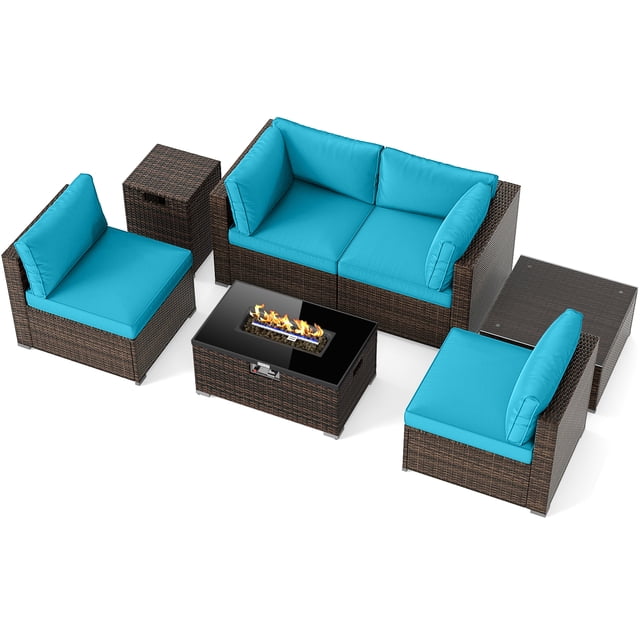 Gymax Set of 7 Patio Furniture Set 40000 BTU Gas Fire Pit Table Propane Tank Cover Table Turquoise