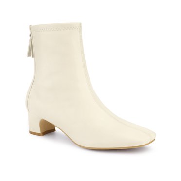 BLISSFUL STEP Bottines pour Femmes en Similicuir à Bout Carré à Talon Bloc à Fermeture Éclair Crème 8,5