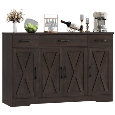Homfa Buffet Cabinet with 3 Drawers and 4 Doors, 55.1” W Kitchen Sideboard Storage Cabinet with Adjustable Shelves, Farmhouse Coffee Bar Cabinet for Dining Room, Dark Brown