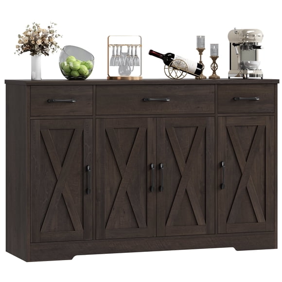 Homfa Buffet Cabinet with 3 Drawers and 4 Doors, 55.1” W Kitchen Sideboard Storage Cabinet with Adjustable Shelves, Farmhouse Coffee Bar Cabinet for Dining Room, Dark Brown