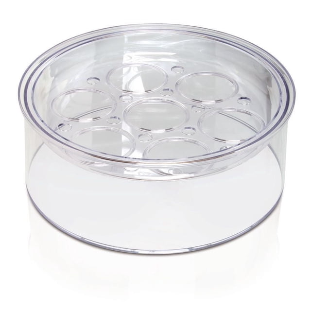 Euro Cuisine Expansion Tier for YM80, YM100 & YM650 yogurt makers, clear BPA-free plastic round tier with seven circular slots for glass jars, designed to expand capacity of compatible automatic yogurt makers and suitable for making multiple yogurt flavors simultaneously.