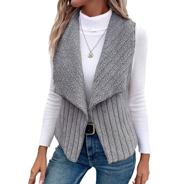 Gilet Sans Manches Décontracté Simple en Peluche pour Femmes Automne et Hiver, Cardigan Gris TG