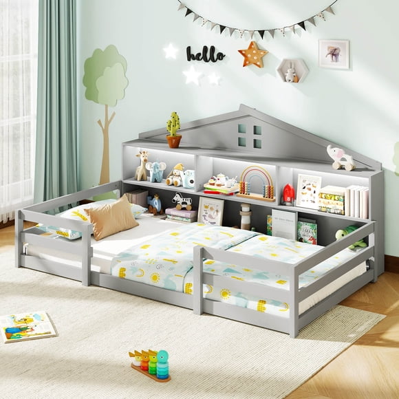 Costway Twin Size Montessori Floor Bed with LED Lights Safety Guardrails Compartments Shelf Gray