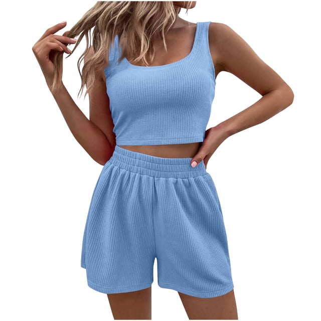 Womens Short Sets 2 Piece Outfits New Fashion 2 Piece Ribbed Crop Tank Tops and Shorts Tracksuit Set Beach Vacation Trendy 2025 Summer Outfits High Waisted Shorts Matching Workout Sets Light Blue L