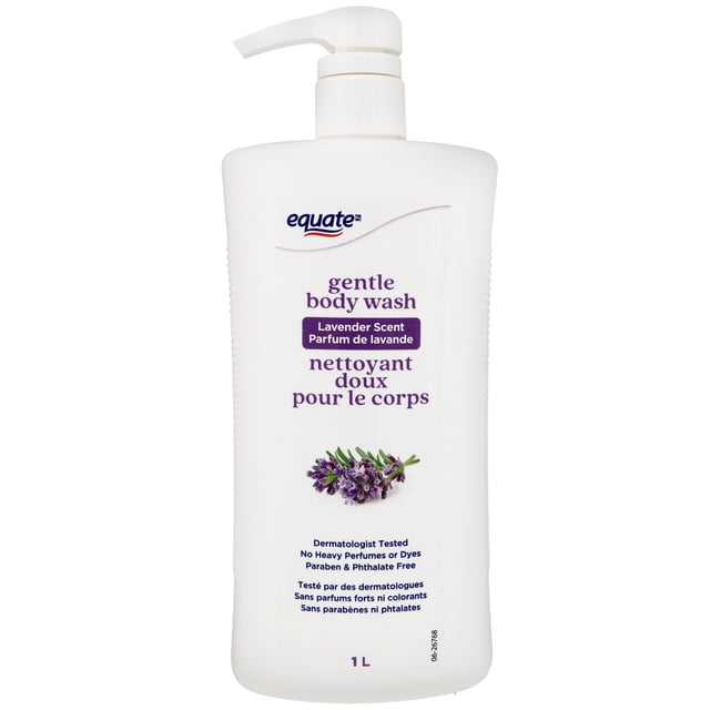 Equate Lavender Body Wash in a white 1 L pump bottle with gentle lavender scent, dermatologist tested, paraben and phthalate free, formulated without heavy perfumes or dyes for soothing daily bath and shower use.