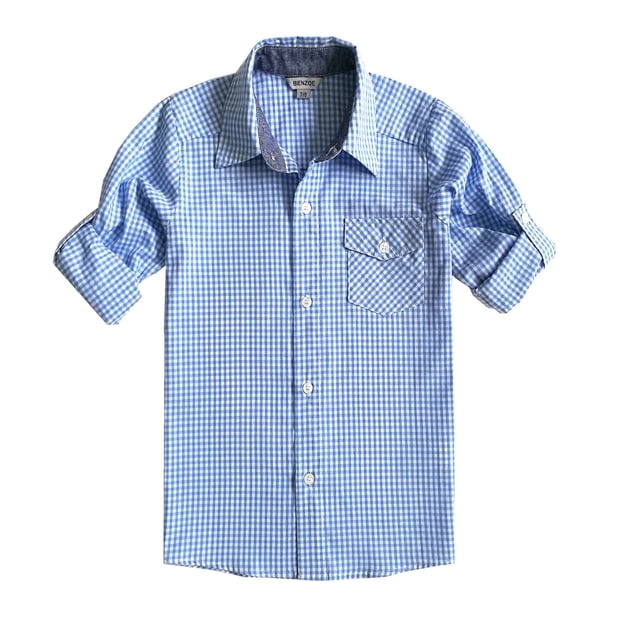 Bienzoe Big Boy's Cotton Check Roll Up Button Down Sports Shirts,LightBlue,9/10