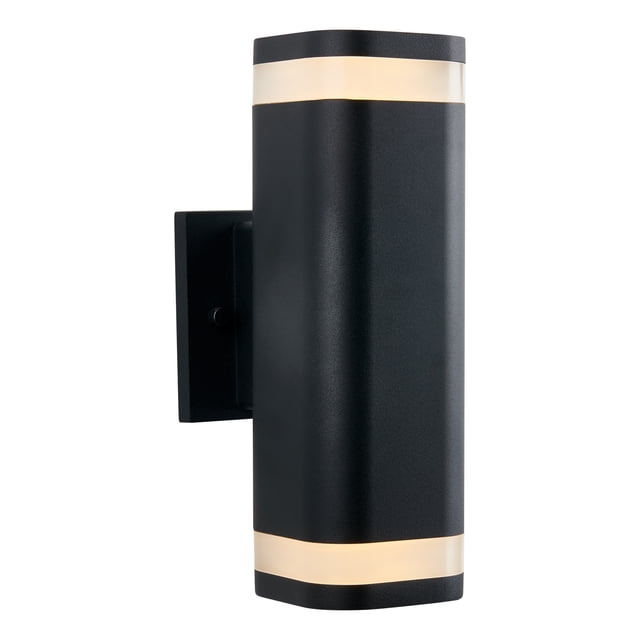 Artika Mettle Applique Murale Extérieure Moderne en Noir, une Lanterne Murale Extérieure Cylindrique Élégante avec Éclairage DEL Intégré. le Luminaire Présente Deux Tiges Blanches Lumineuses pour une Luminosité Accrue et Projette la Lumière dans Trois directions. Fabriqué en Aluminium et polycarbonate, Il Est Certifié Energy Star, à Intensité Réglable, et Offre 630 lumens avec une Température de Couleur de 3000 Kelvin. Idéal pour les Espaces Extérieurs comme les porches et les garages, Ainsi Que les Aires Intérieures comme les Couloirs et les Salons.