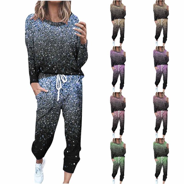 Ventes de Liquidation Tenues tumgatte pour Femmes Tenues Décontractées Grande Taille Tenues d'Automne pour Femmes Ensemble de Détente Mode Imprimé Manches Longues Col Rond Pull Hauts et Pantalons Ensemble 2 Pcs pour Femmes