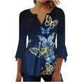 thumbnail image 3 of Pompotops Women's Casual Trumpet 3/4 Sleeve Printed Buttoned Basic Ruched Tops Pleated Blouses Clearance, 3 of 6