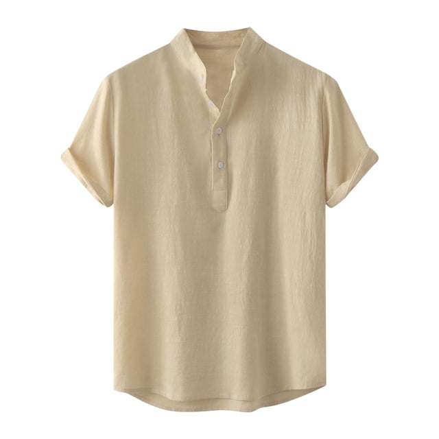 cfhntfmh Cotton Linen Shirts for Men Summer Short Sleeve Button up Beach T-Shirts Lightweight Solid Collared Tops