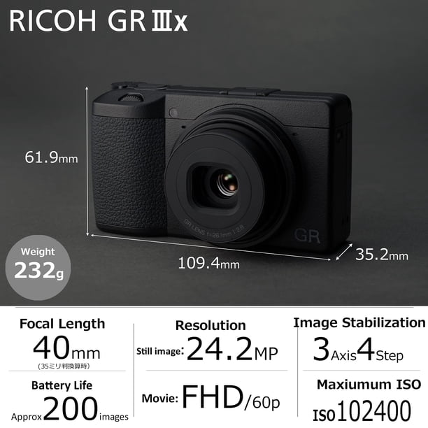 Ricoh GR IIIx Digital Compact Camera | 24MP APS-C Sensor | 26.1mm