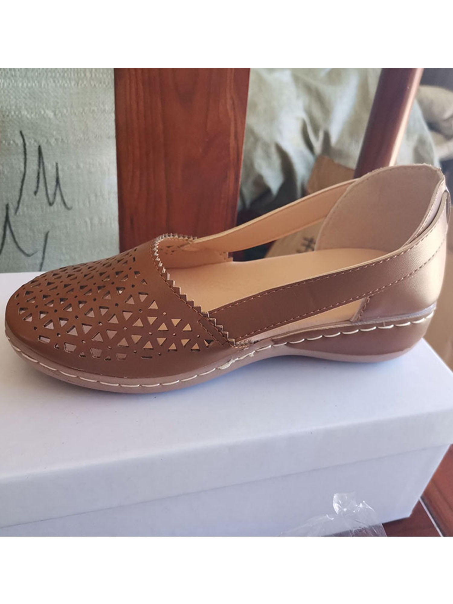 Woobling Ladies Wedges Solid Color Sandals Slip On Shoes Breathable Travel Brown 10