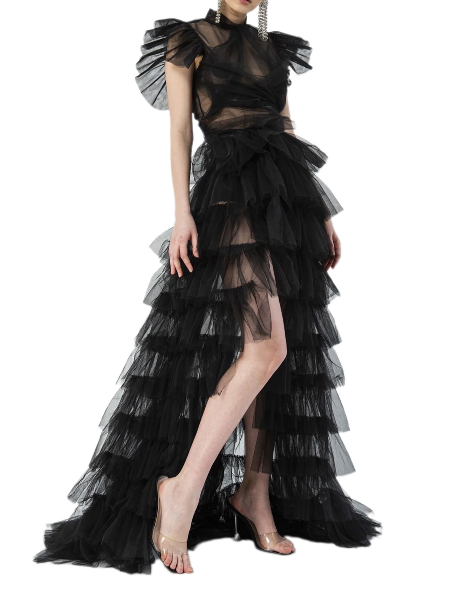 Fortune Women Tulle Skirt Solid Color Mesh Irregular Floor Length Party Skirt