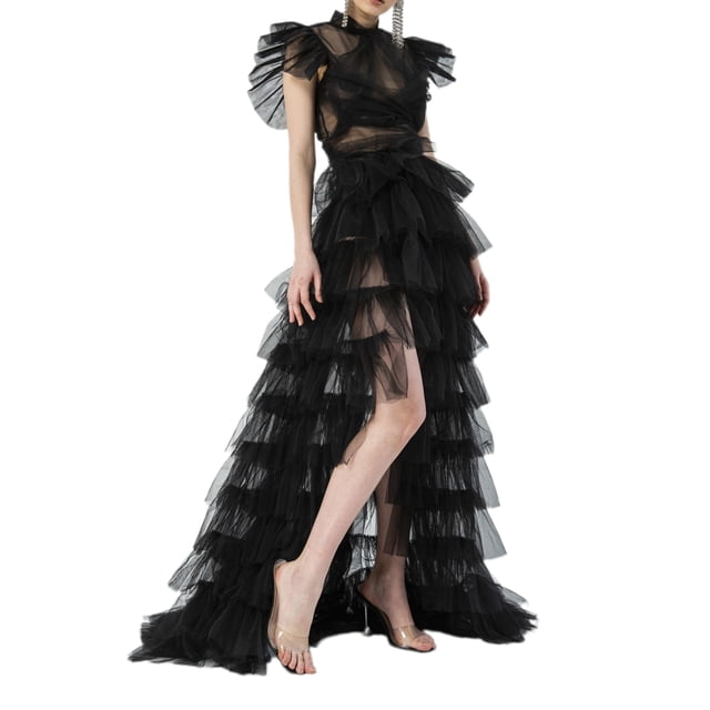 Fortune Women Tulle Skirt Solid Color Mesh Irregular Floor Length Party Skirt