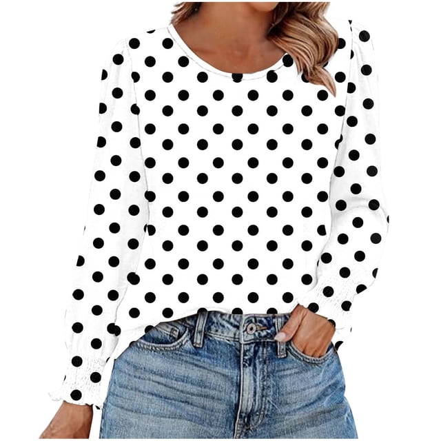 HAiming Chemises à Pois pour Femmes Décontractées à Col Rond Hauts à Volants Plissés Blouse Basique Chic T-Shirts de Travail