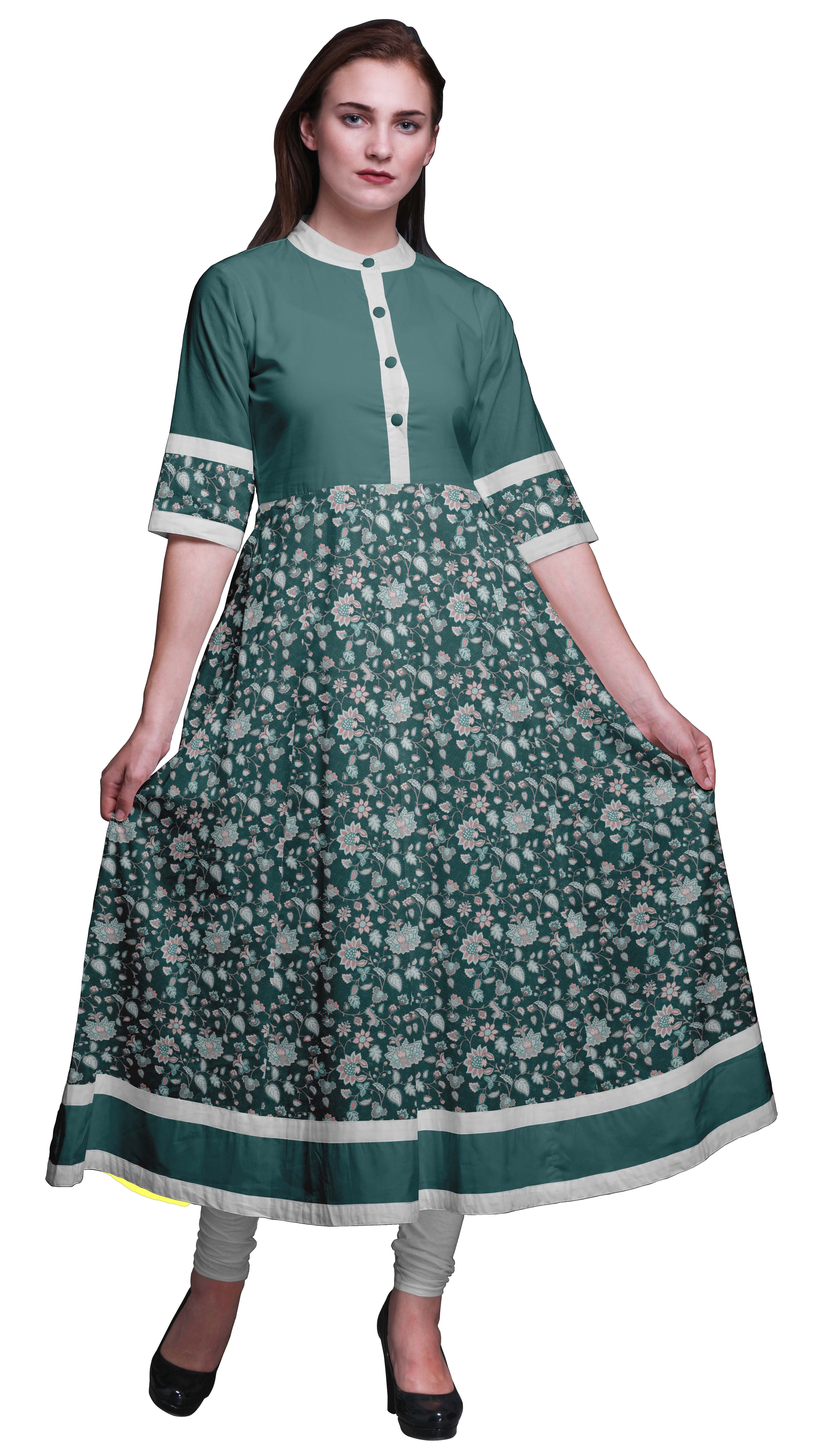 Bimba Kurtis Indiennes à Feuilles Vertes et à Blocs Floraux pour Femmes, Kurti Anarkali Imprimée en Ligne A, Robe Ethnique Décontractée - Grand