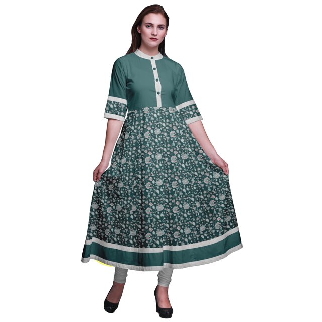 Bimba Robe Anarkali Imprimée à Blocs Feuilles Vertes et Fleurs Kurti Longue pour Femmes Indienne Ligne A Décontractée Haut Tunique -X-Grand