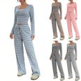 thumbnail image 1 of NJDVHB Économies d'Automne Hiver! Ensemble de Détente pour Femmes, Tenues de Nuit pour Dames, Blouse à Rayures Décontractée Col Rond Manches Longues Mode Short Pyjama, Bleu, P, 1 of 5
