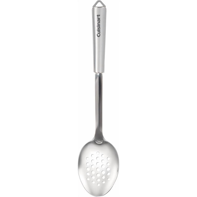 Cuisinart Fusion Pro Stainless Steel Slotted Cooking Spoon with polished stainless steel handle featuring the Cuisinart logo and triangular hanging hole, and a slotted spoon head with round holes for straining and serving.