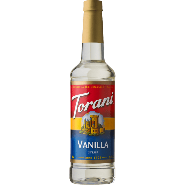 Torani Syrup, Vanilla, 750ML clear glass bottle with transparent syrup, red-yellow-blue label featuring a castle illustration and gold foil cap, crafted for natural vanilla flavoring in hot and cold beverages, suitable for lattes, cocktails, and iced coffee.