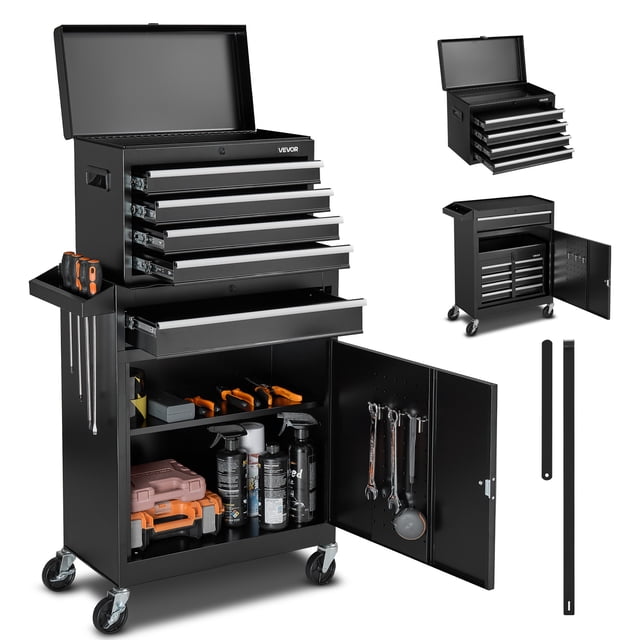 VEVOR Rolling Tool Chest with a 2-in-1 detachable design, featuring 5 drawers, a top metal toolbox, and a bottom rolling cabinet. Made of black powder-coated steel with EVA padding for tool protection. Includes a side tool rack, perforated panel with hooks, and swivel casters with brakes for mobility. Ideal for garage or workshop storage.