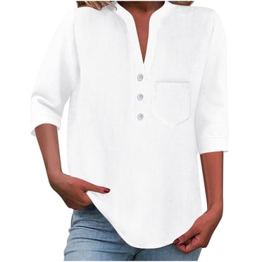 Lenpel Hauts pour Femmes à Manches 3/4, Col en V, Demi-Boutonnage, Couleur Unie, Chemises de Travail Business Casual, Tuniques Amples