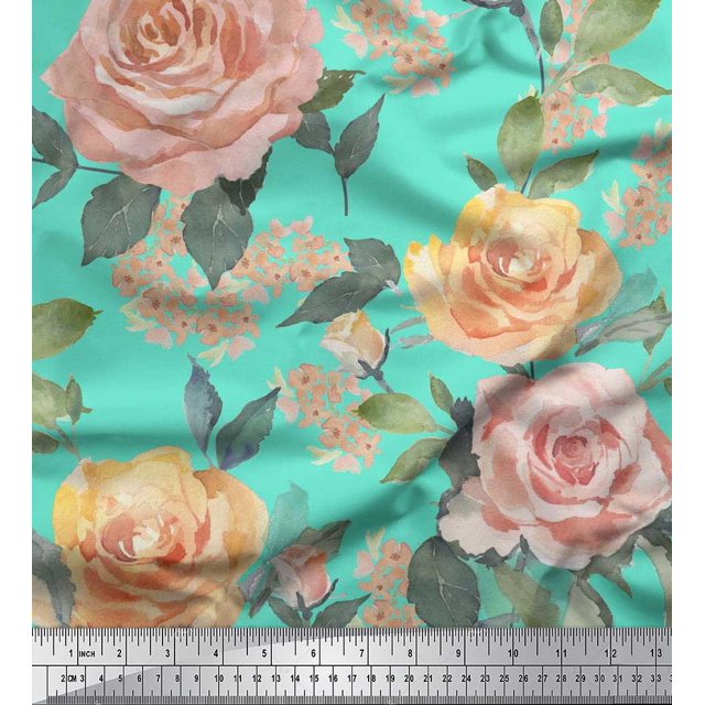 Soimoi Rayon Fabric Leaves & Rose Flower Print Sewing Fabric Yard 56 Inch Wide