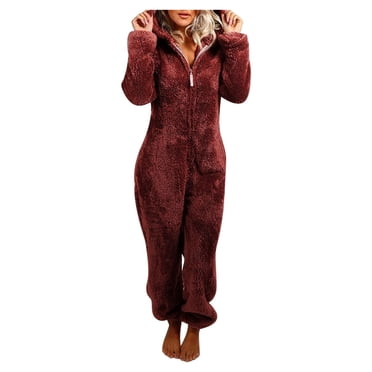 VINUSLI Womens Pajamas Fuzzy Plus Size Fleece Sherpa Slouchy Jumpsuit Zip Hooded Long Sleeve Lounge One Piece Romper Wine,L