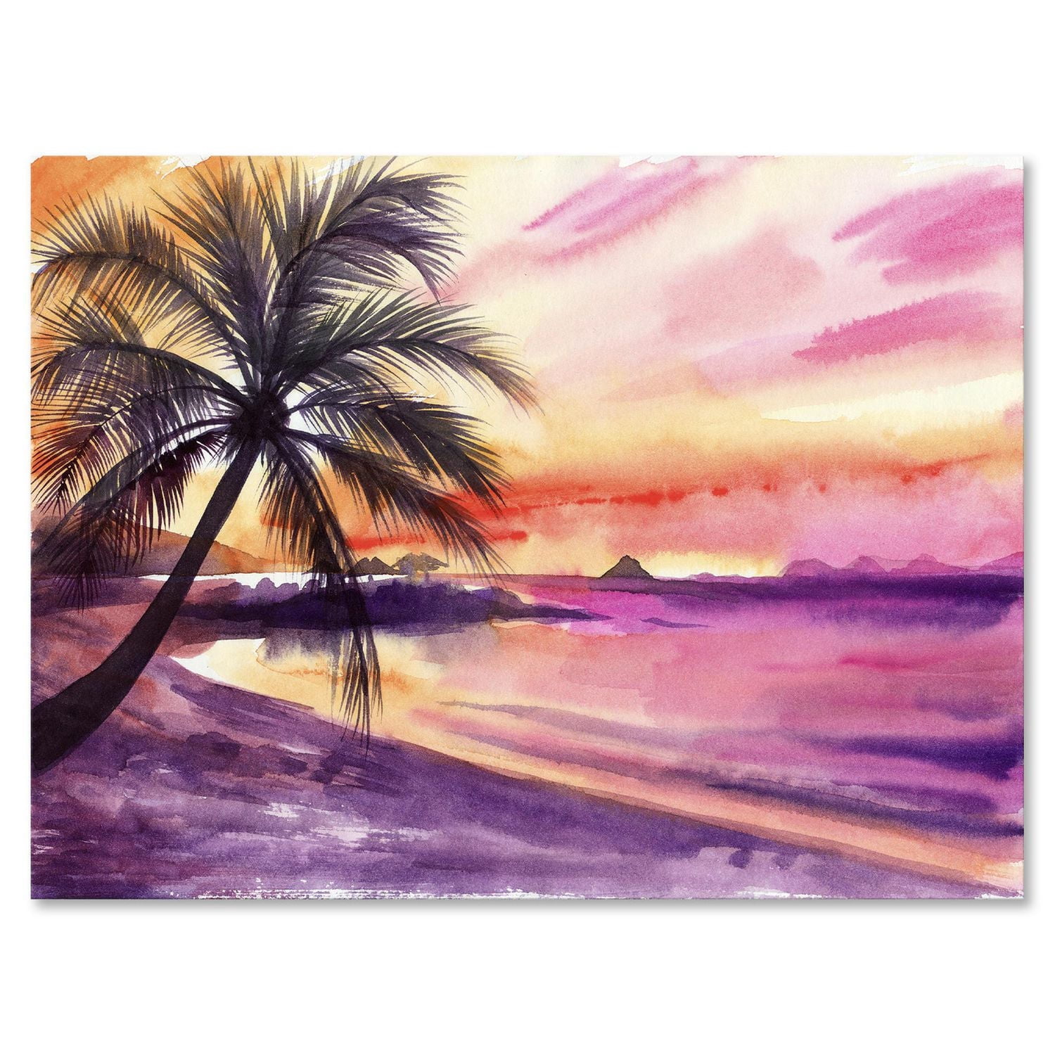 Designart Pink and Purple Palm Beach Sunset Canvas Wall Art