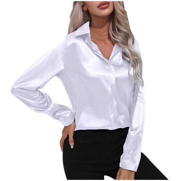 AherBiu Long Sleeve Shirts for Women Satin Button Lapel V Neck Ladies Business Blouse Work Tops