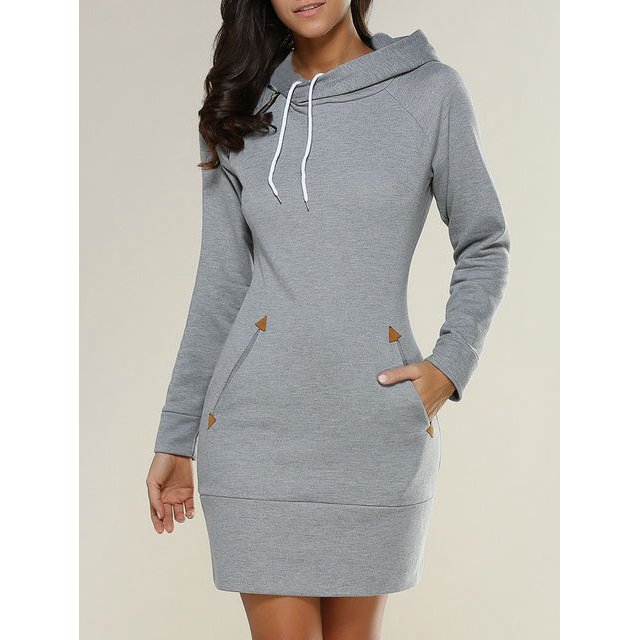 Spring Autumn Hooded Drawstring Women‘s Sweatshirt Dress Fashion Solid Pocket Package Hip Ladies Mini Dresses Plus Size