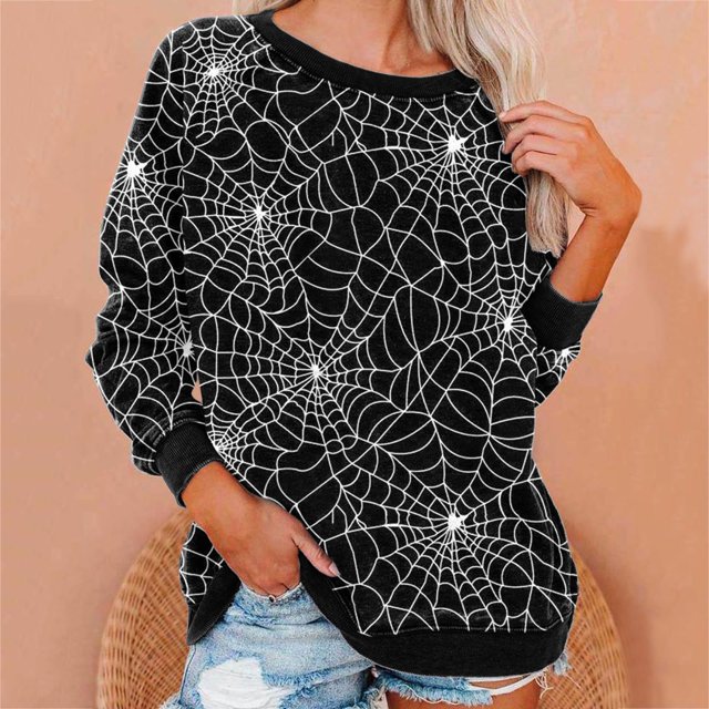 2023 Chandail à Capuchon Surdimensionné pour Femmes Décontracté à Manches Longues Col Rond Hauts Blouse Ample Chandail Graphique à Imprimé d'Halloween Costumes d'Halloween/Noël Rabais de 50 % Liquidation