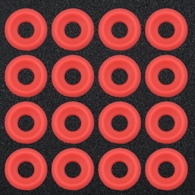 25Pcs Silicon Rubber Washer Gasket Set for Grolsch Ez Cap Swing Top Bottle Cap. The image shows multiple red silicone washers arranged in a grid pattern on a black background. These washers are designed for use with Grolsch, EZ-Cap, and other flip-top beverage bottle caps. Made of durable silicone, they are resistant to deformation, cracking, and leaking. Each washer measures 23mm in outer diameter and 14mm in inner diameter.