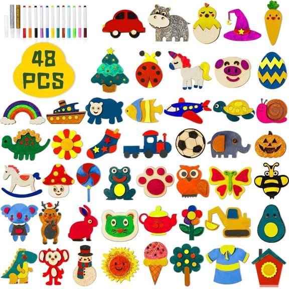 Beautysureup Lot de 48 Aimants en Bois, Kit de Peinture Artisanale Diy pour Enfants de 3 à 12 Ans, Décorer Créativité Fournitures pour Sacs-Surprises Cadeau pour Cadeaux de Fête Phosphorescents, Anniversaire, Pâques