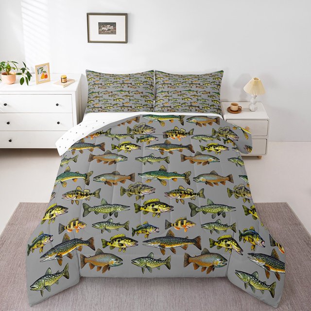 Ensemble de Douillette Simple pour Enfants Pêche, Ensemble de Lit Rétro Brochet pour Hommes Adultes, Douillette en Duvet Douce Pêche et Chasse pour Chambre, Ensemble de Courtepointe Confortable et Respirant Animaux Poissons Vintage Rustique