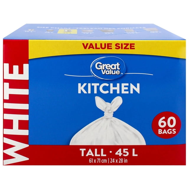 Great Value Grande Boîte de Sacs à Ordures de Cuisine Hauts avec 60 Sacs Blancs de Taille 45 L (24 x 28 Po) avec Attaches à Rabat pour une Fermeture Sécurisée, Convient à l'Élimination des Déchets de Cuisine et au Rangement Domestique, en Emballage Bleu, Rouge et Jaune.