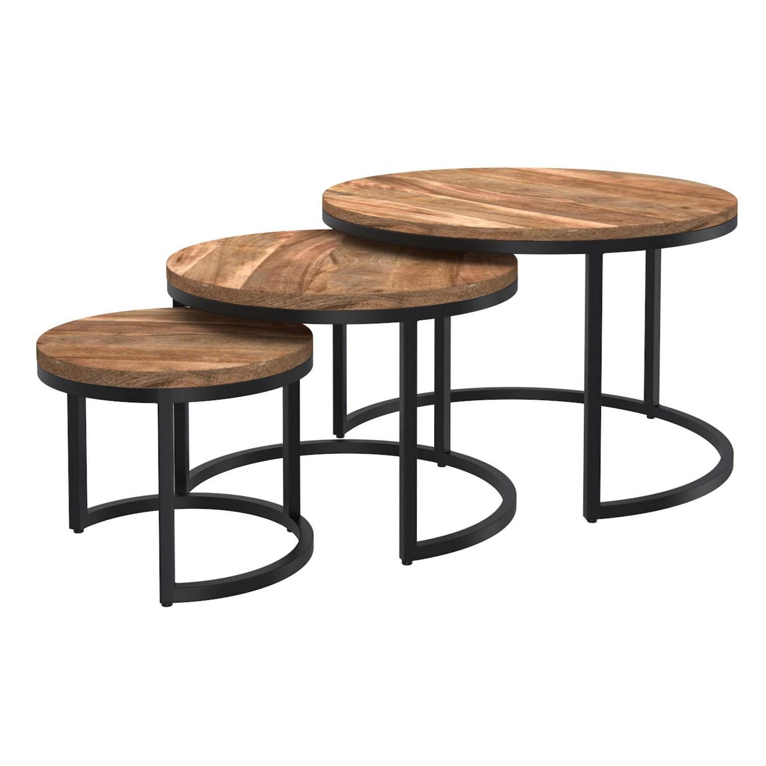 Ensemble de tables de salon rustiques modernes en bois massif et en fer, ensemble de 3 – naturel et noir