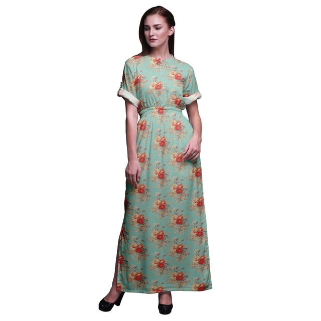 Bimba Robe Longue pour Femmes en Rayonne à Feuilles et Fleurs, Style Bohème, Plage, Cocktail, Fête, Maxi, Fendue - XX-Grand