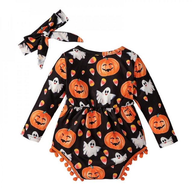 Body Bébé Mignon à Manches Longues avec Pompon + Bandeau Halloween