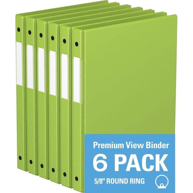 Davis Group Premium Economy Round Ring Binder 6 Pack 5/8 inch with lime green covers, clear interior front and back pockets, full width label holders on spines, made from recycled polypropylene, suitable for office supplies and document organization.