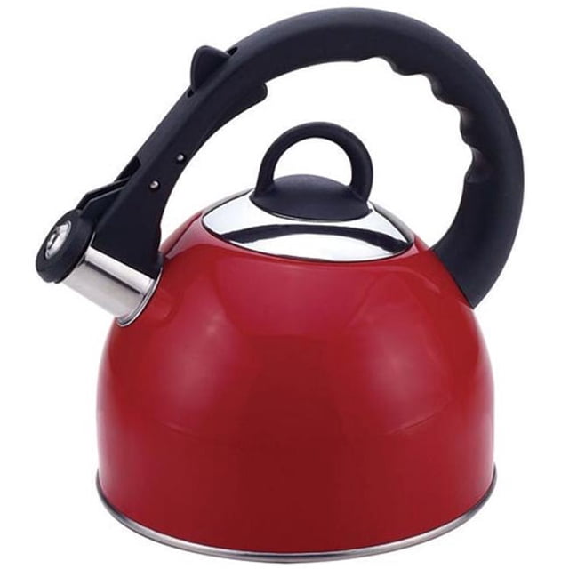 Fntinc 50423 2,5 Qt Couleur Thé Kettle en Rouge avec construction en Acier Inoxydable et Extérieur Peint. Conçu pour l'Utilisation d'Ustensiles de Cuisine, Il Présente une Poignée Noire Résistante à la Chaleur avec un Couvercle Relevable, un Interrupteur à une Main pour un Versement Sûr et Facile, et une Grande Ouverture de Couvercle pour un Nettoyage Pratique. Capacité: 2,5 Qt.