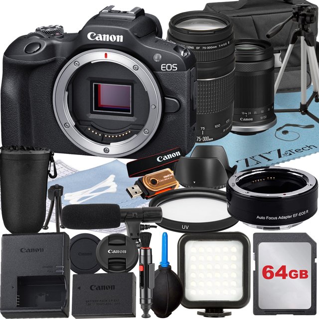 Canon EOS R100 Mirrorless Camera with RF-S 18-150mm + 75-300mm Lens + Mount Adapter + 64GB Memory Card + Case + LED Flash + ZeeTech Accessory Bundle