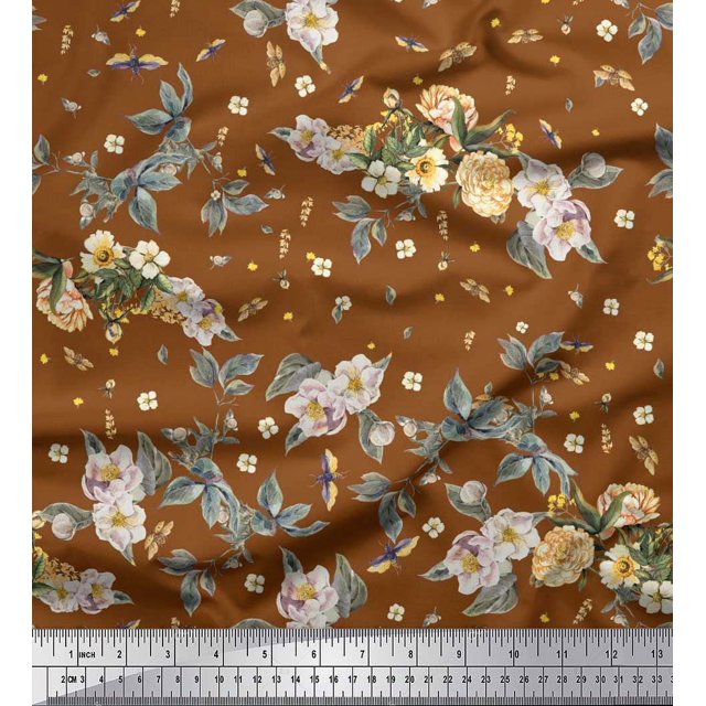 Soimoi Viscose Chiffon Fabric Leaves,Moth & Magnolia Floral Print Sewing Fabric Yard 42 Inch Wide