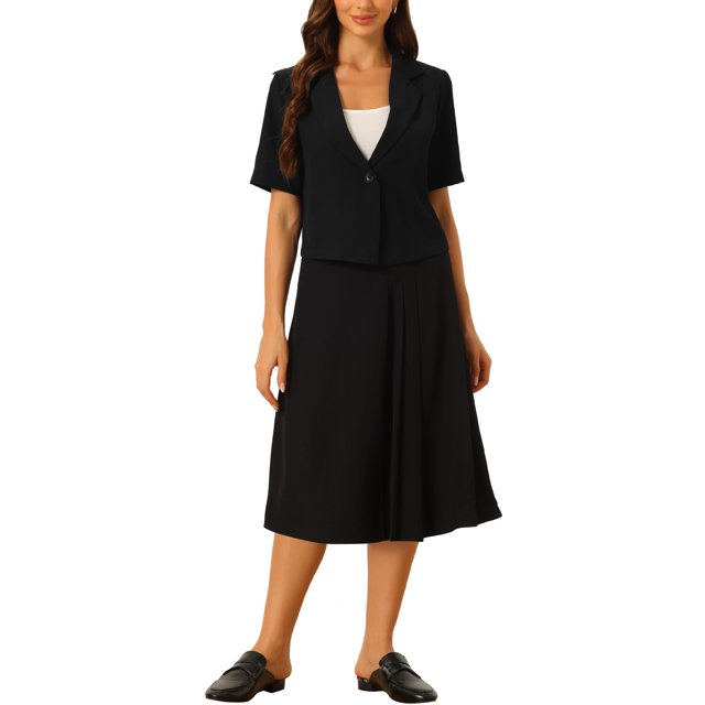 Unique Bargains Ensemble Tailleur Blazer à Manches Courtes et Jupe pour Femme, Noir, P