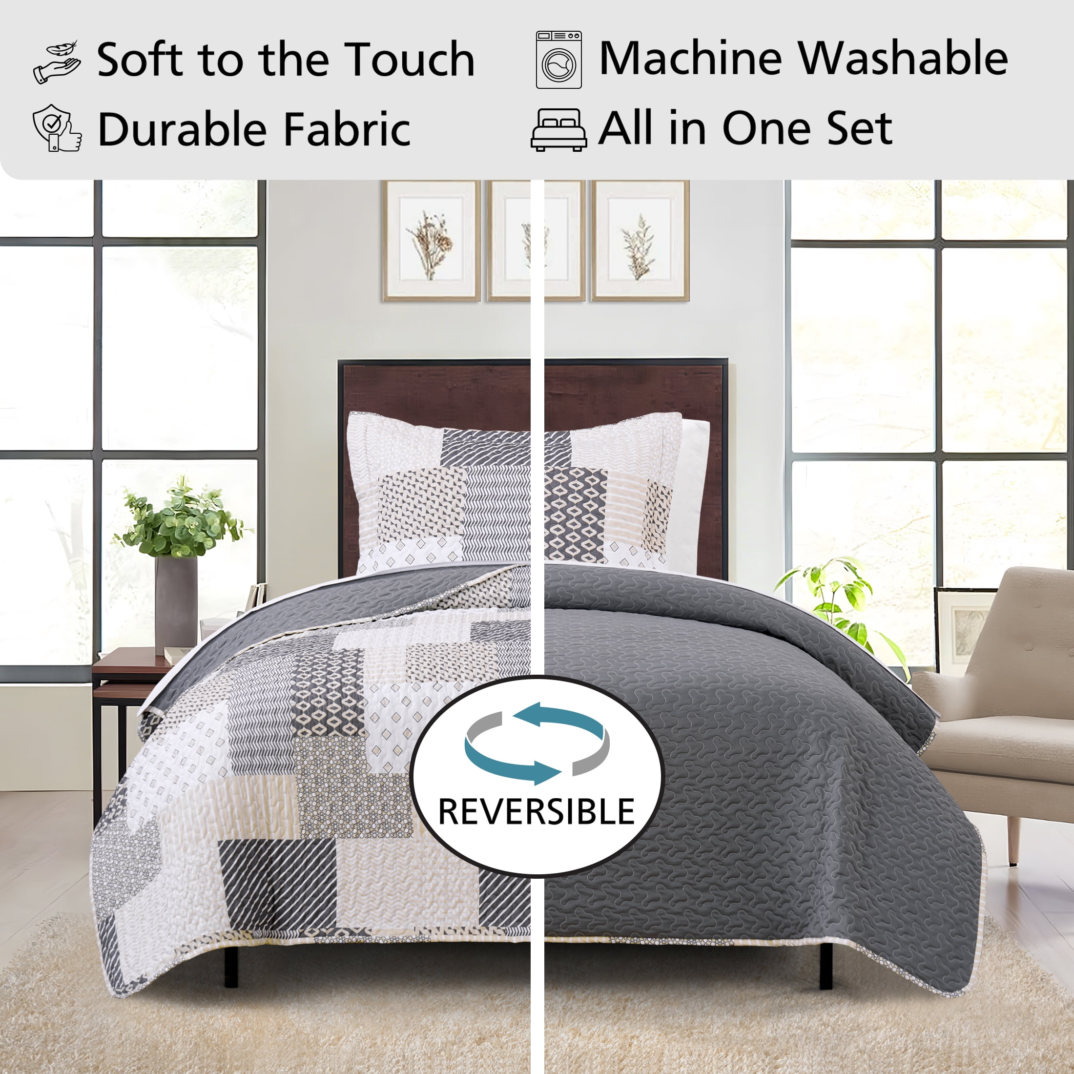 Mainstays Ensemble courtepointe et drap-housse légers tout-en-un - 7 pièces, Lit 2 PL, Patchwork