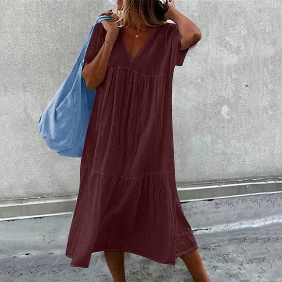 JUNWELL Womens Summer Dresses Cotton Linen Fashion Casual Loose V-Neck Short Sleeve Long Dress Solid Pleated Dresses Beach Midi Dresses