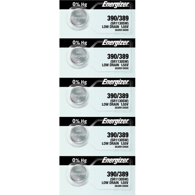 Energizer 390/389 SR1130SW silver oxide watch battery pack of 5, designed for low drain 1.55V applications in watches and miniature electronics. Features 0% mercury, stable discharge, and excellent leakage resistance. Energizer branding is prominently displayed.
