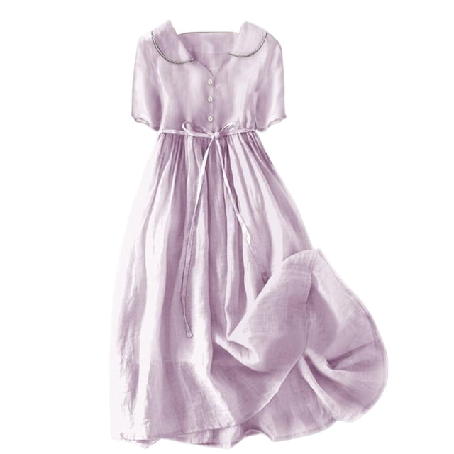 WTXUE Robes pour Femmes 2024, Robe Décontractée Rétro en Coton et Lin Uni à Boutons et Col en V pour Femme, Robe en Lin, Robe Violette, Violet 2TG